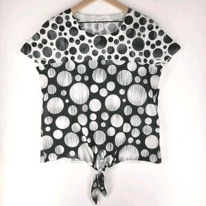 Chicos Beaded Tie Front Top Womens 2 Medium Black White Polka Dot Retro Chic